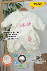 Yeni Doğan Müslin 3'li Kimono Bağcıklı Tulum %100 Pamuk Organik (Kişiye Özgü İsimli Nakış Desenli)