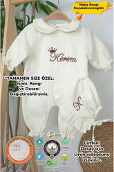 Yakalı Müslin 2'li Hastane Çıkış Mevlüt Seti %100 Pamuk Organik (Kişiye Özgü İsimli Nakış Desenli)