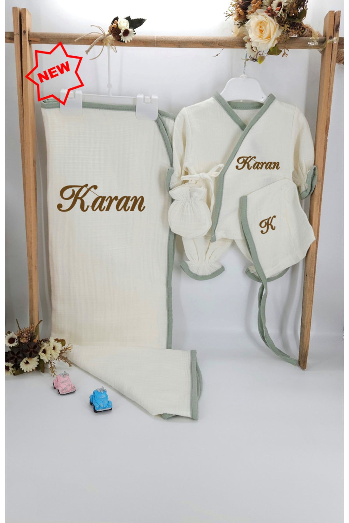 Yeni Doğan Burümcük Müslin Kumaş %100Pamuk 5’li Hastane Çıkış Seti(Kişiye Özgü İsimli Nakış Desenli)