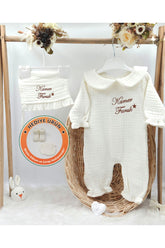 Yakalı Müslin 2'li Hastane Çıkış Mevlüt Seti %100 Pamuk Organik (Kişiye Özgü İsimli Nakış Desenli)