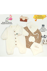%100 Pamuk Organik 4 Katlı Müslin Kumaş Düğmeli Tulum-Mevlüt Seti (Kişiye Özgü İsimli Nakış Desenli)