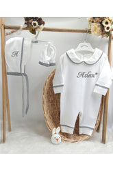 Biyeli 3'lü %100 Pamuklu Hastane Çıkış Tulum Seti (KİŞİYE ÖZGÜ İSİMLİ NAKIŞ DESENLİ)