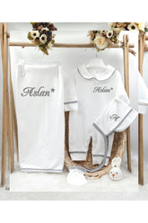 Biyeli 4'lü %100 Pamuklu Hastane Çıkış Tulum Seti ve Battaniyesi (KİŞİYE ÖZGÜ İSİMLİ NAKIŞ DESENLİ)