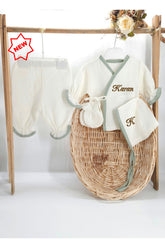 Yeni Doğan Burümcük Müslin Kumaş %100Pamuk 4’lü Hastane Çıkış Seti(Kişiye Özgü İsimli Nakış Desenli)
