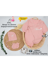 %100 Pamuk Organik 4 Katlı Müslin Kumaş 3'lü Hastane Çıkış Seti (Kişiye Özgü İsimli Nakış Desenli)