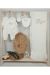 Yakalı Müslin Kumaş Hastane Çıkış Mevlüt Seti %100 Pamuk Organik (Kişiye Özgü İsimli Nakış Desenli)