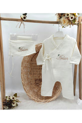 4 Katlı Müslin 2'li Kimono Bağcıklı Tulum %100 Pamuk Organik (Kişiye Özgü İsimli Nakış Desenli)