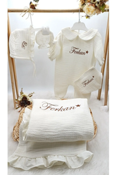 Yakalı Müslin 5'li Hastane Çıkış Mevlüt Seti %100 Pamuk Organik (Kişiye Özgü İsimli Nakış Desenli)