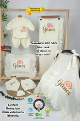 Müslin Yeni Doğan 4Katlı Organik %100Pamuk Kişiye Özgü Nakışlı Hastane Çıkış Seti(Gökkuşağı Model-3)