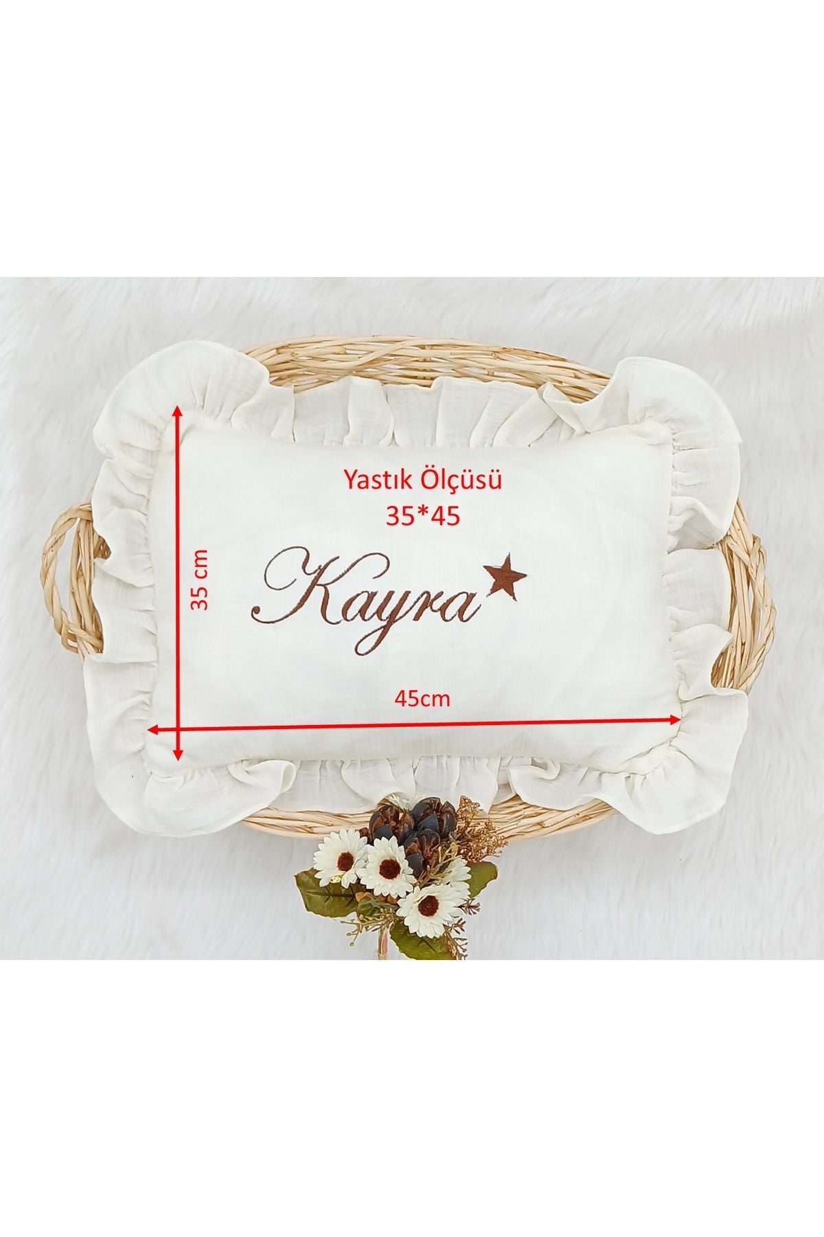 %100 Pamuk Müslin Kumaş Fırfırlı Takı Yastığı Kılıfı 35*45 (Kişiye Özgü İsimli Nakış Desenli)