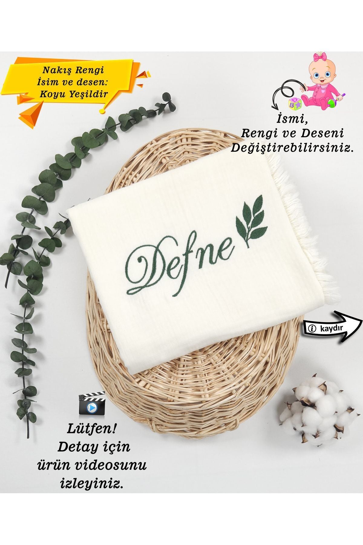 4 Katlı Müslin %100 Pamuk Çok Amaçlı Bebek Battaniyesi-Kişiye Özgü İsimli Nakış Desenli (HEDİYELİK}