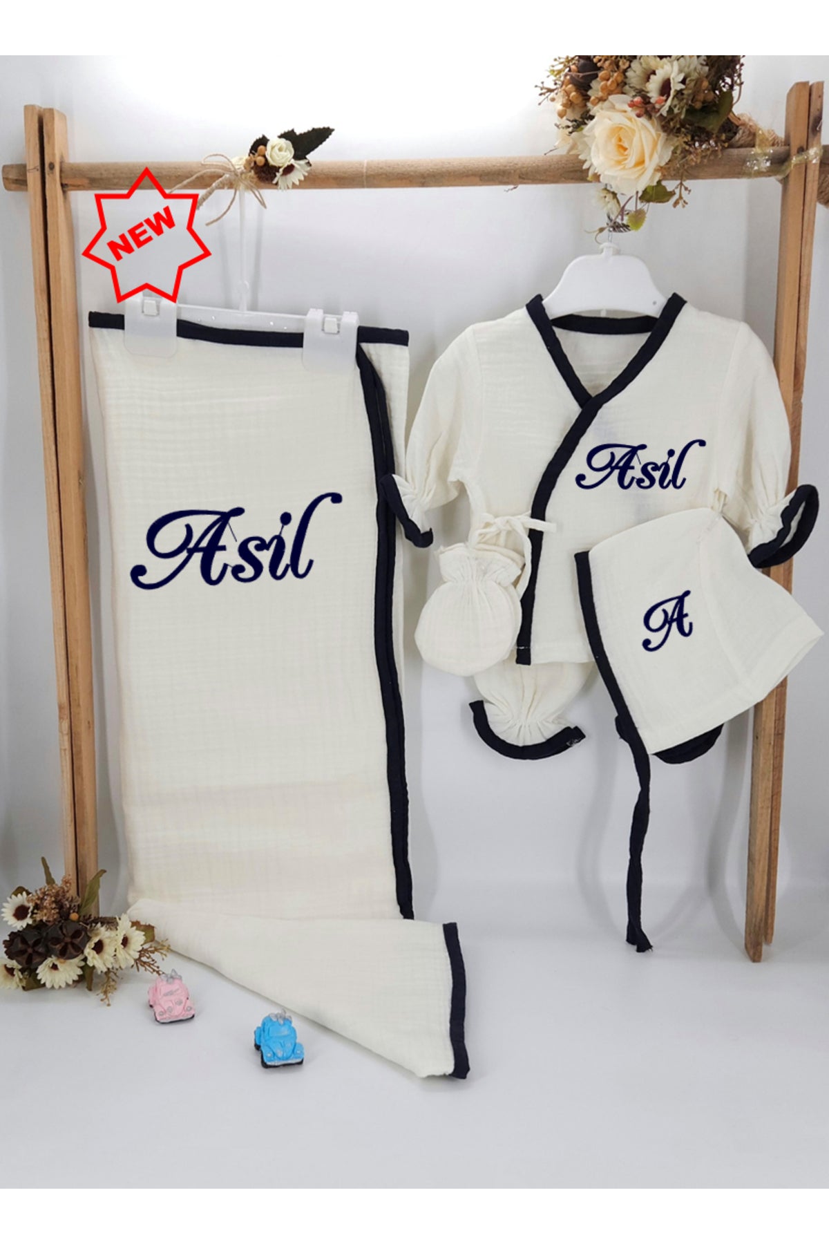 Yeni Doğan Burümcük Müslin Kumaş %100Pamuk 5’li Hastane Çıkış Seti(Kişiye Özgü İsimli Nakış Desenli)