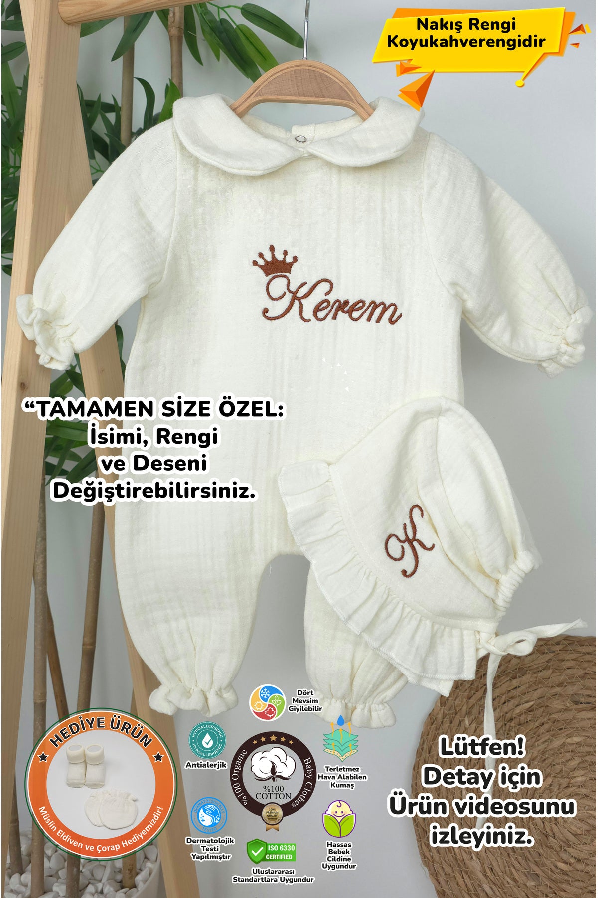 Yakalı Müslin 2'li Hastane Çıkış Mevlüt Seti %100 Pamuk Organik (Kişiye Özgü İsimli Nakış Desenli)