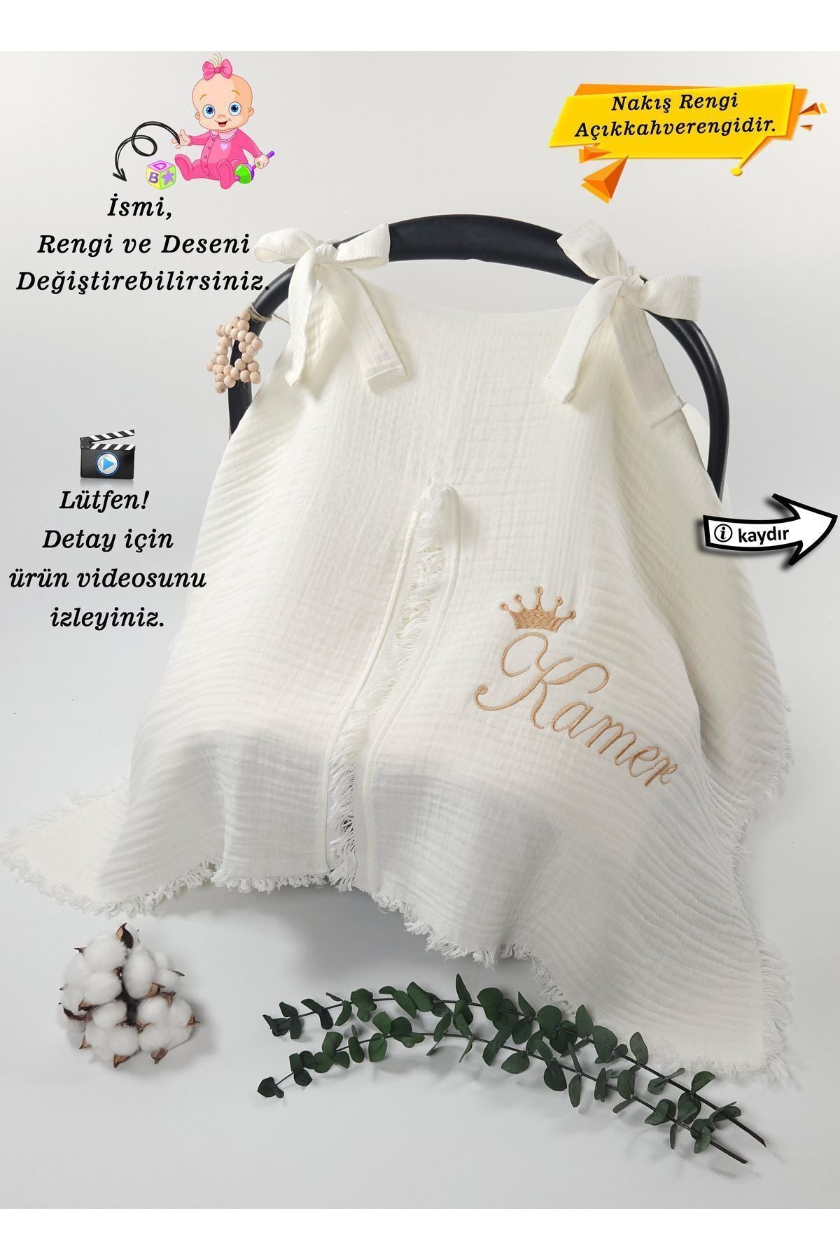 %100Pamuk Nefes Alabilen 4Katlı Müslin Kumaş Püsküllü Puset Örtüsü(KİŞİYE ÖZGÜ ISİMLİ NAKIŞ DESENLİ