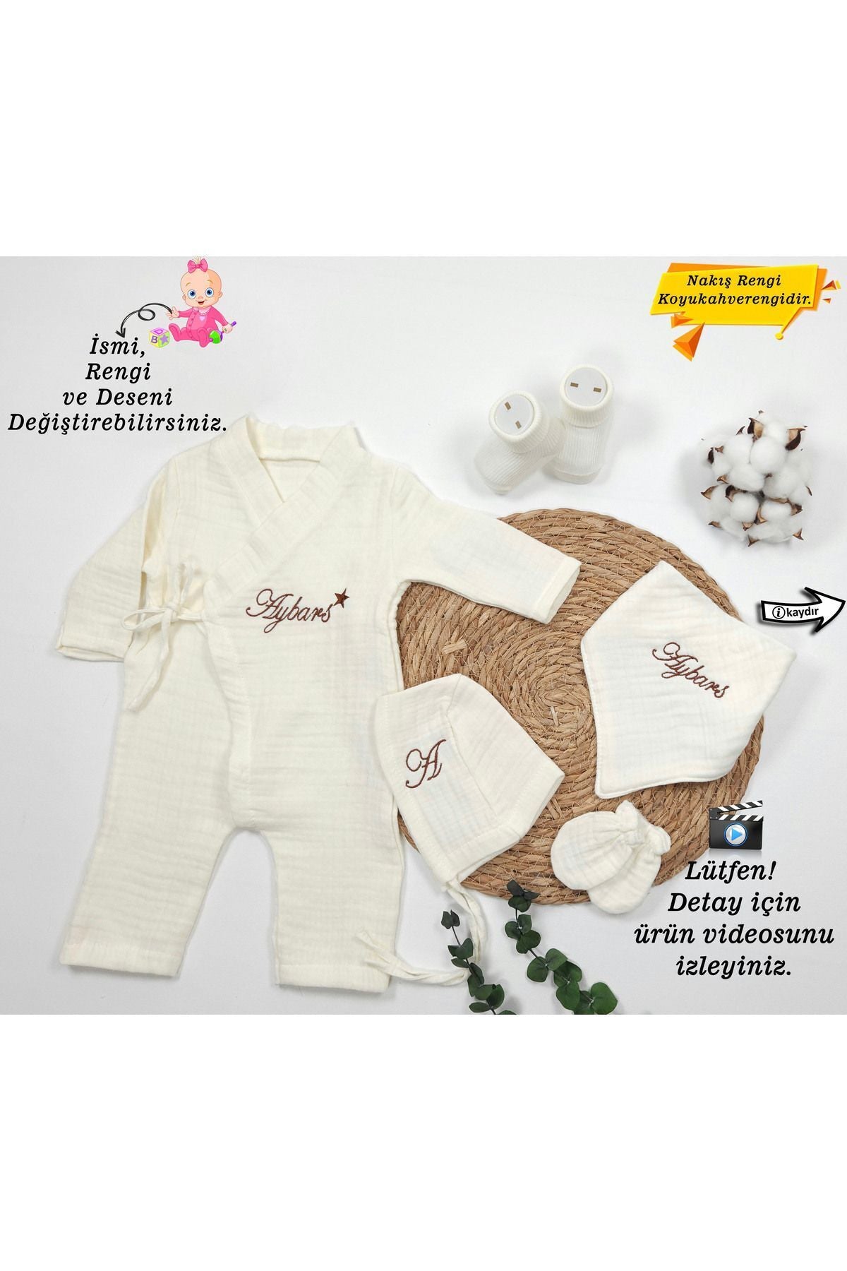 %100 Pamuk 4Katlı Müslin Kumaş Bağcıklı Tulum - Hediyelik (Kişiye Özgü İsimli Nakış Desenli)
