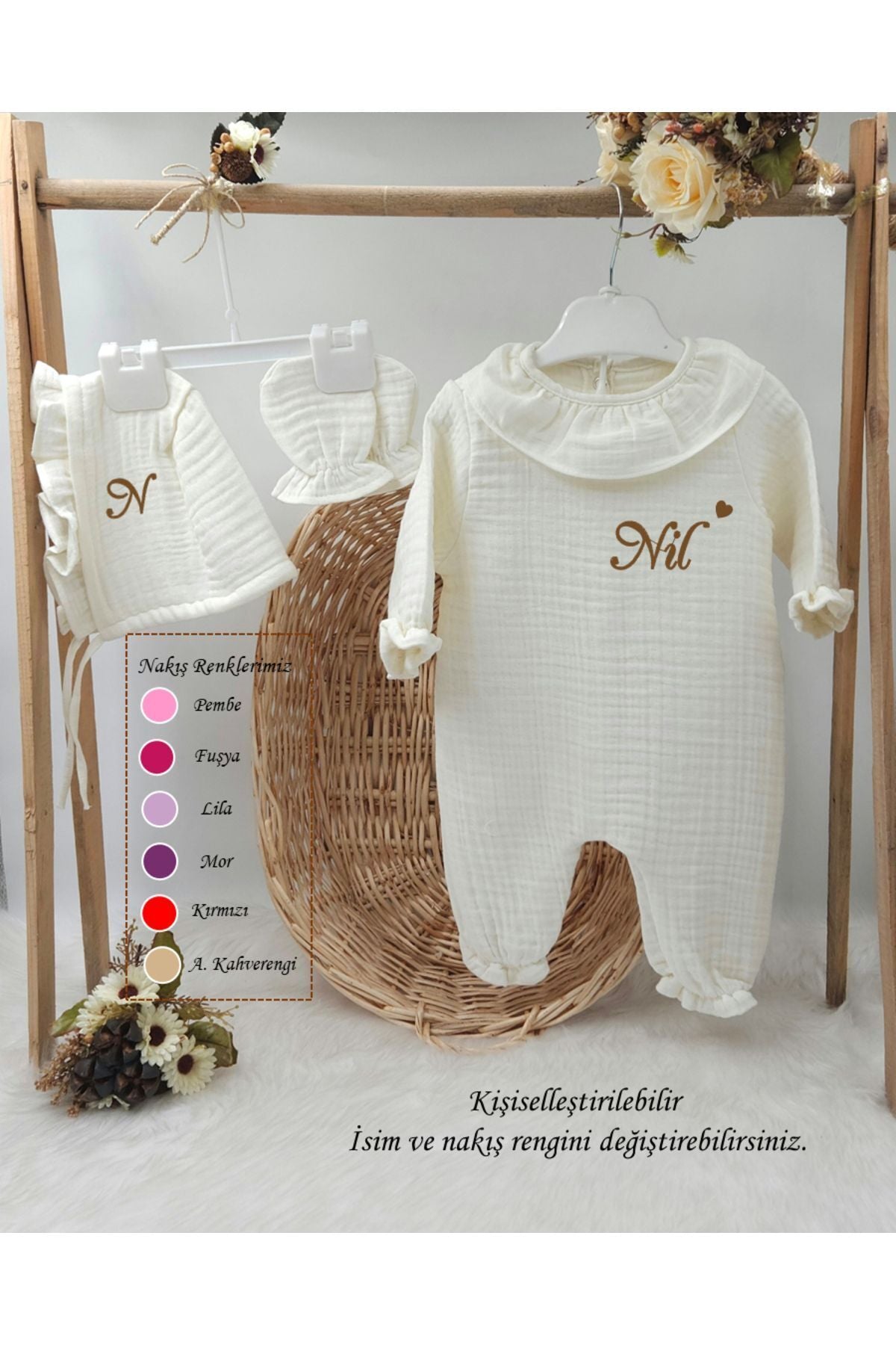 Fırfır Yakalı Müslin 3'lü Hastane Çıkış Mevlüt Seti %100 Pamuk (Kişiye Özgü İsimli Nakış Desenli)