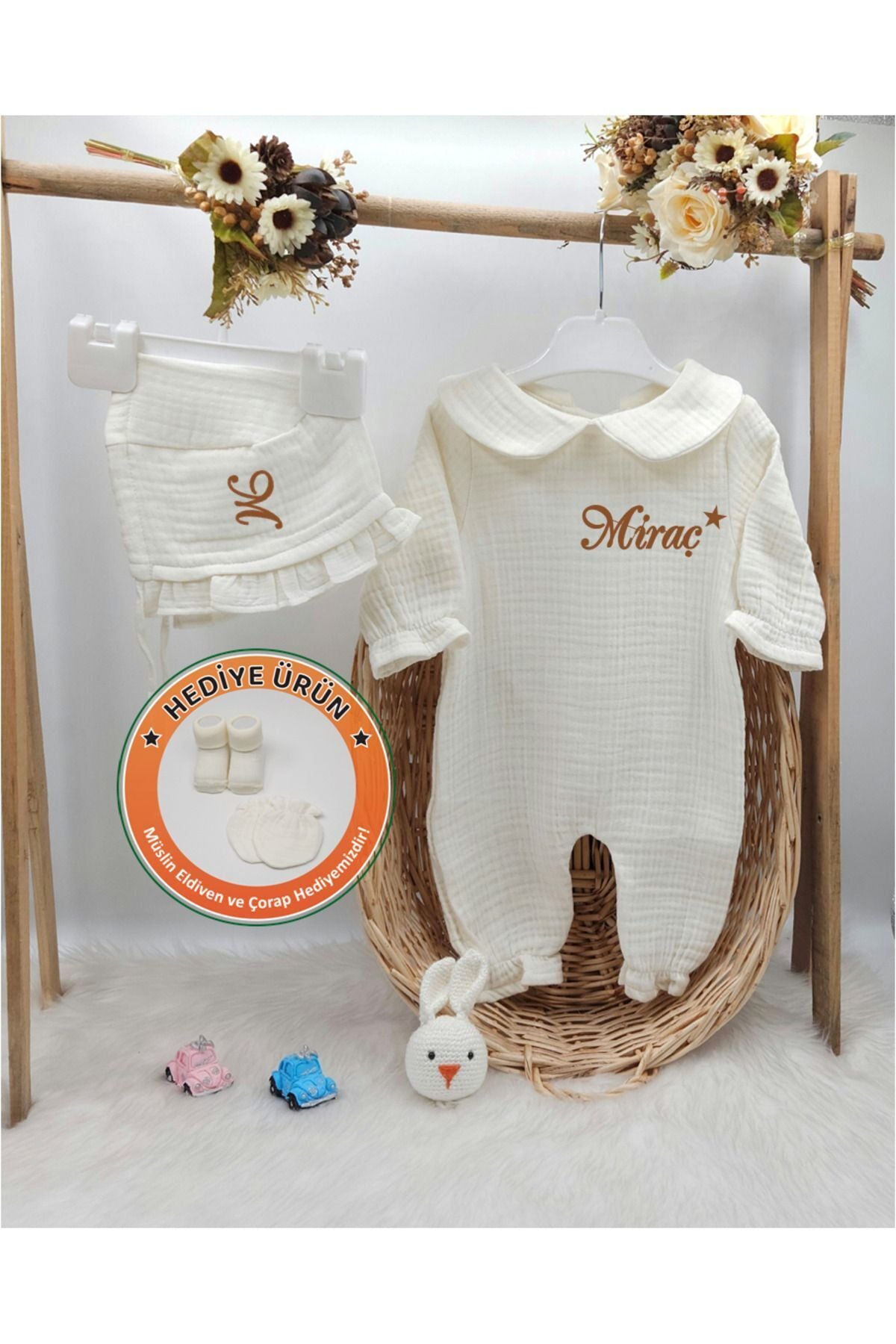 Yakalı Müslin 2'li Hastane Çıkış Mevlüt Seti %100 Pamuk Organik (Kişiye Özgü İsimli Nakış Desenli)