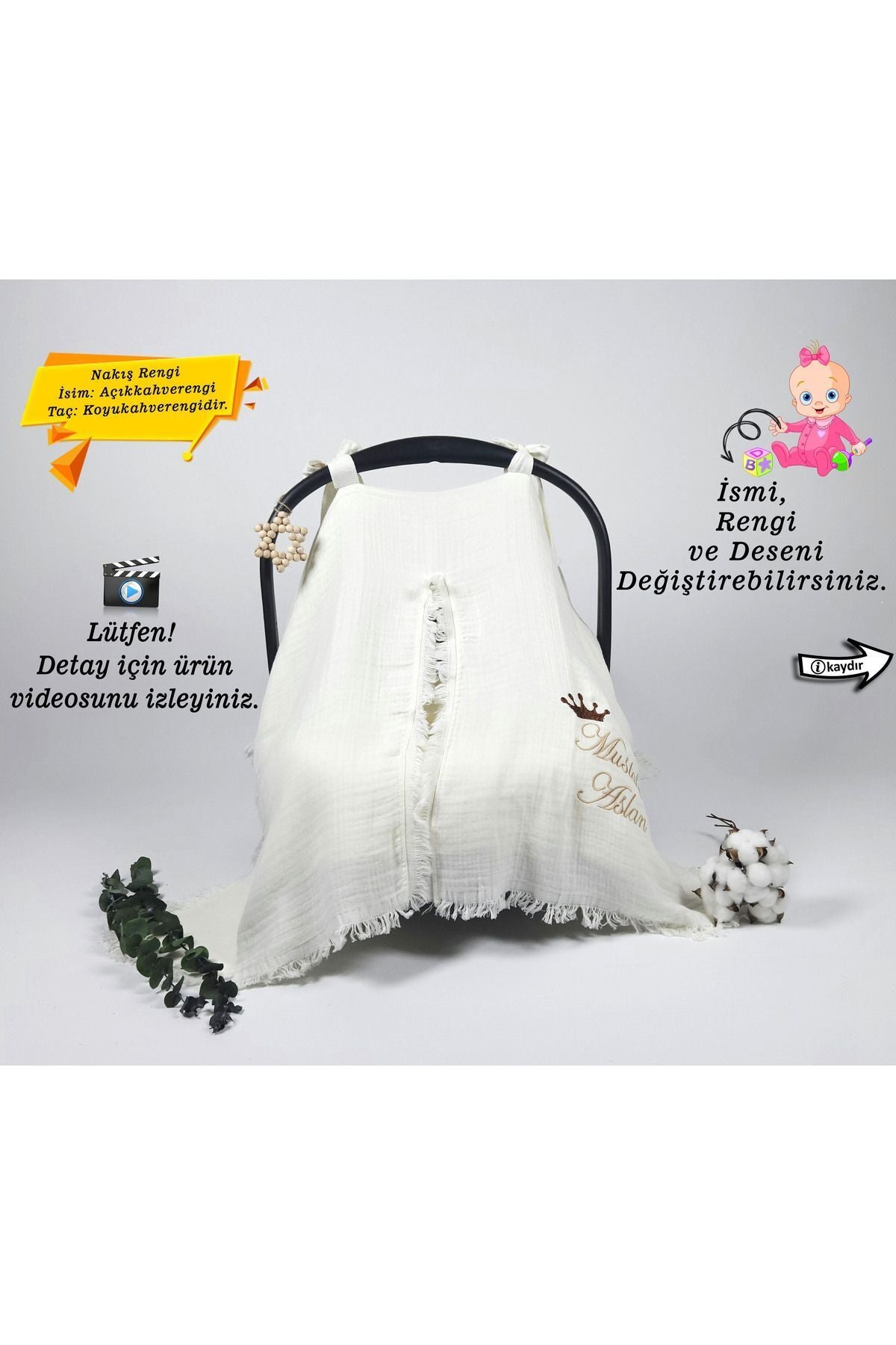 %100 Pamuk 4Katlı Nefes Alabilen Müslin Kumaş Püsküllü Puset Örtüsü(Kişiye Özgü İsimli Nakış Desenl)