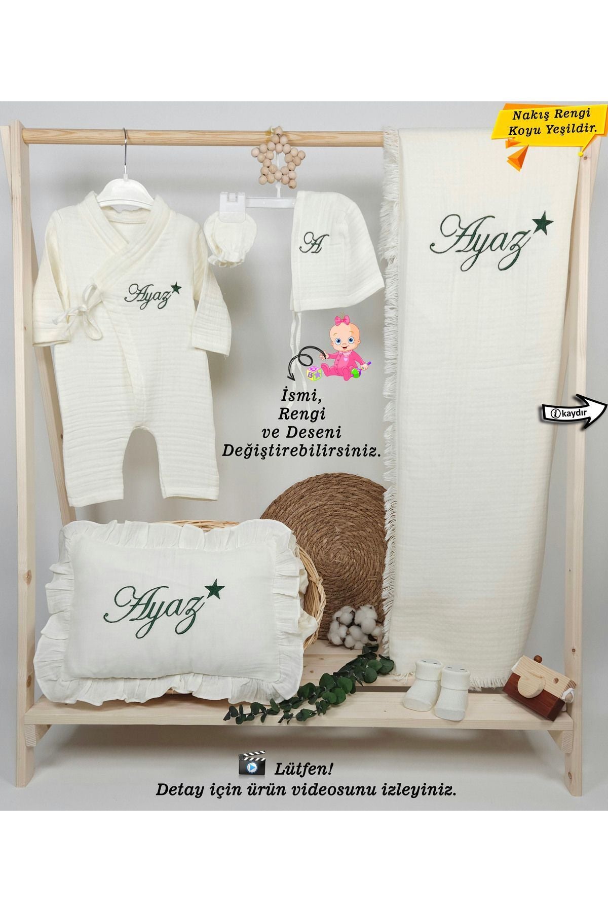 4Katlı Müslin 6'li Kimono Bağcıklı %100Pamuk Hastane Çıkışı-Hediye(Kişiye Özgü İsimli Nakış Desenli
