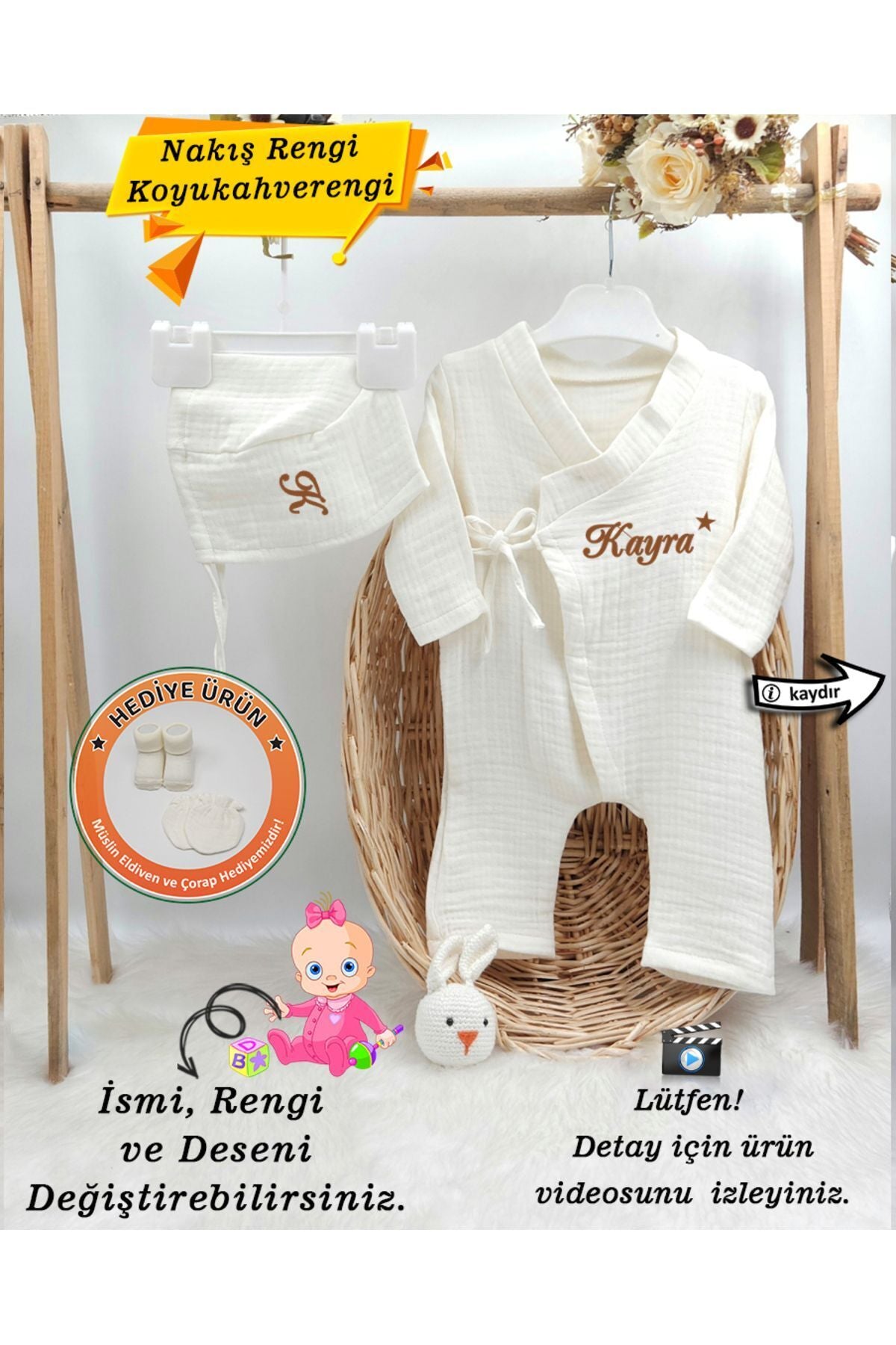 Müslin 2'li Kimono Bağcıklı Tulum %100 Pamuk Organik (Kişiye Özgü İsimli Nakış Desenli)