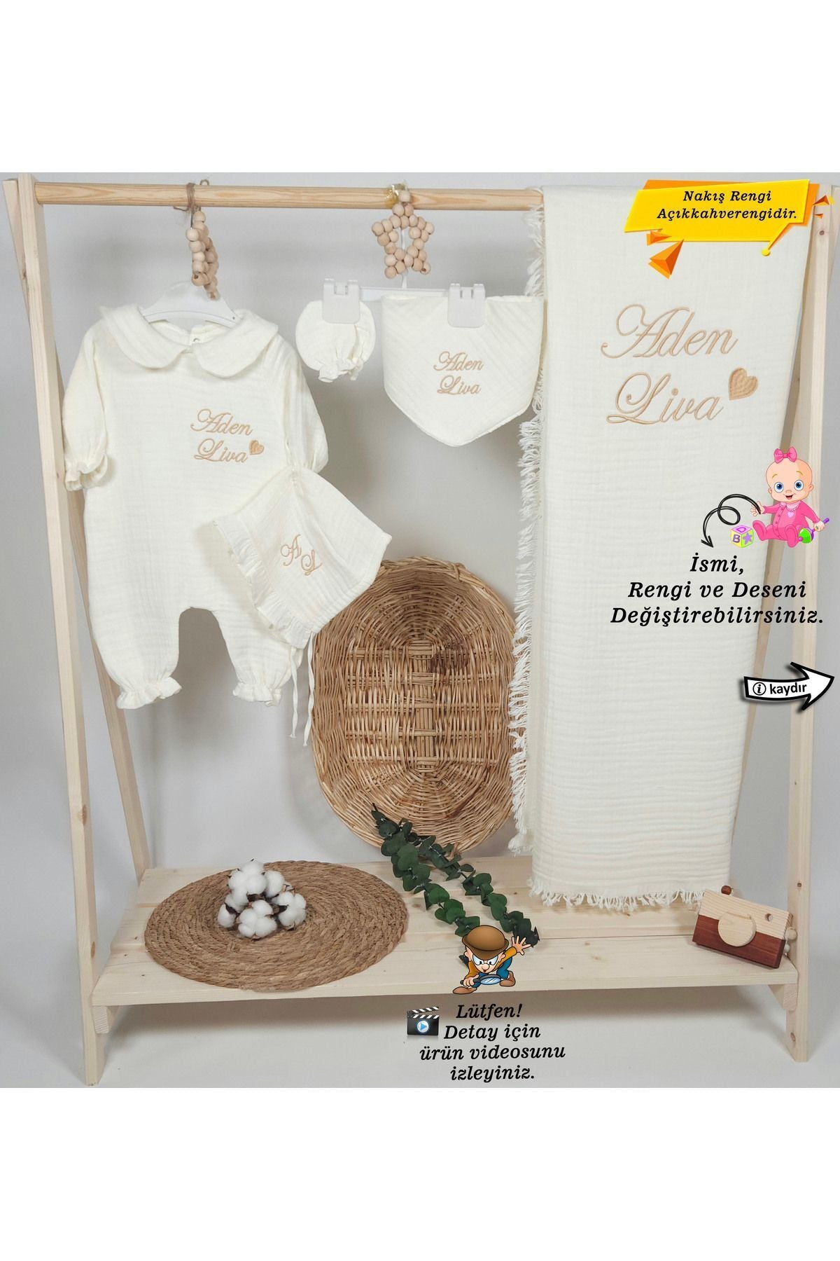 4Katlı Müslin Kumaş Yakalı Tulum %100Pamuk Hastane Çıkışı-Hediyelik(Kişiye Özgüİsimli Nakış Desenli)
