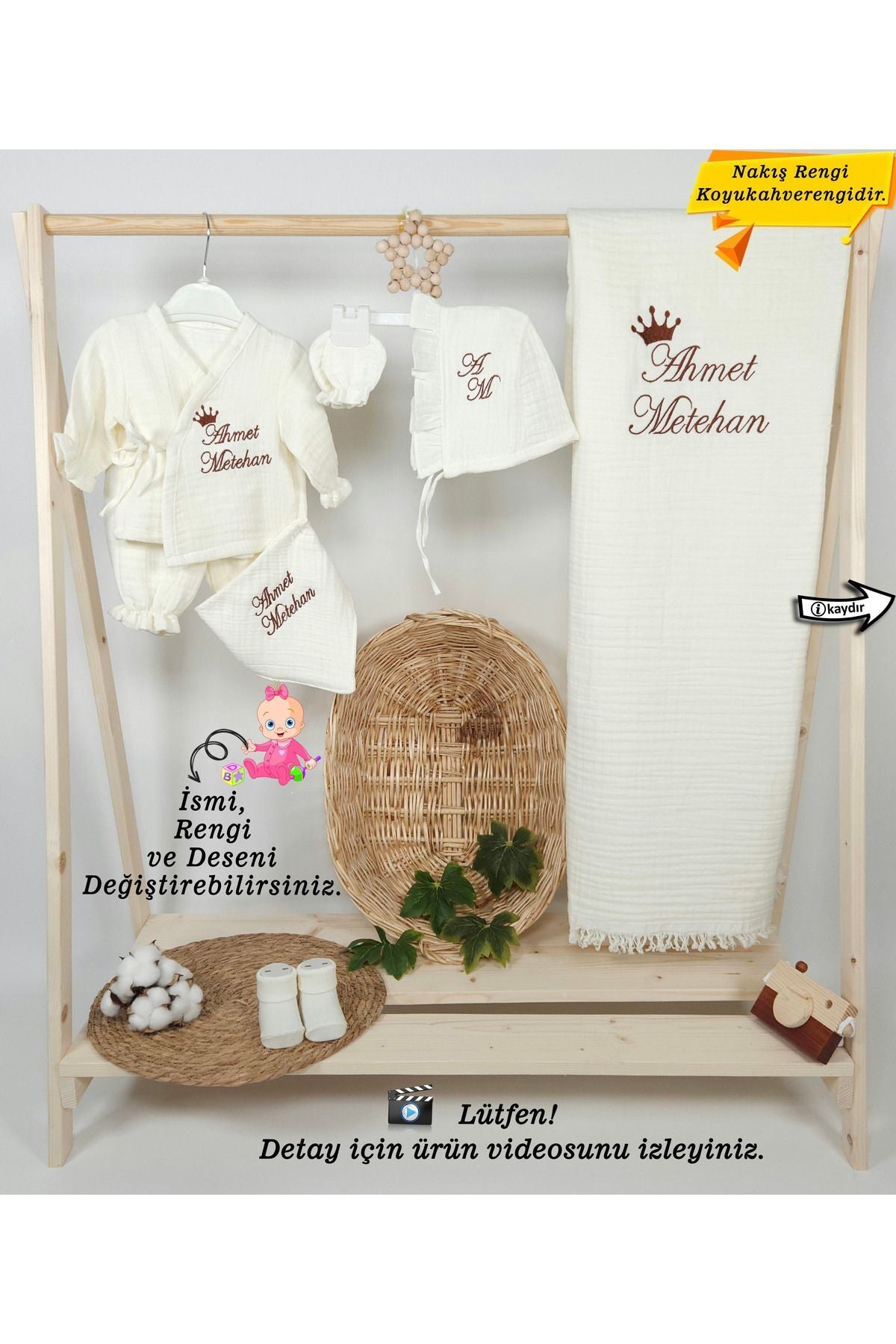 4Katlı Müslin Kumaş 7 Parça Alt-Üst Set  %100Pamuk Hastane Çıkışı (Kişiye Özgü İsimli Nakış Desenli)