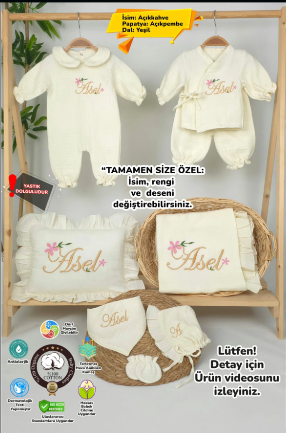 Yeni Doğan %100 Doğal 4Katlı Müslin Hastane Çıkış Mevlüt Seti (Kişiye Özgü İsimli Nakış Desenli)